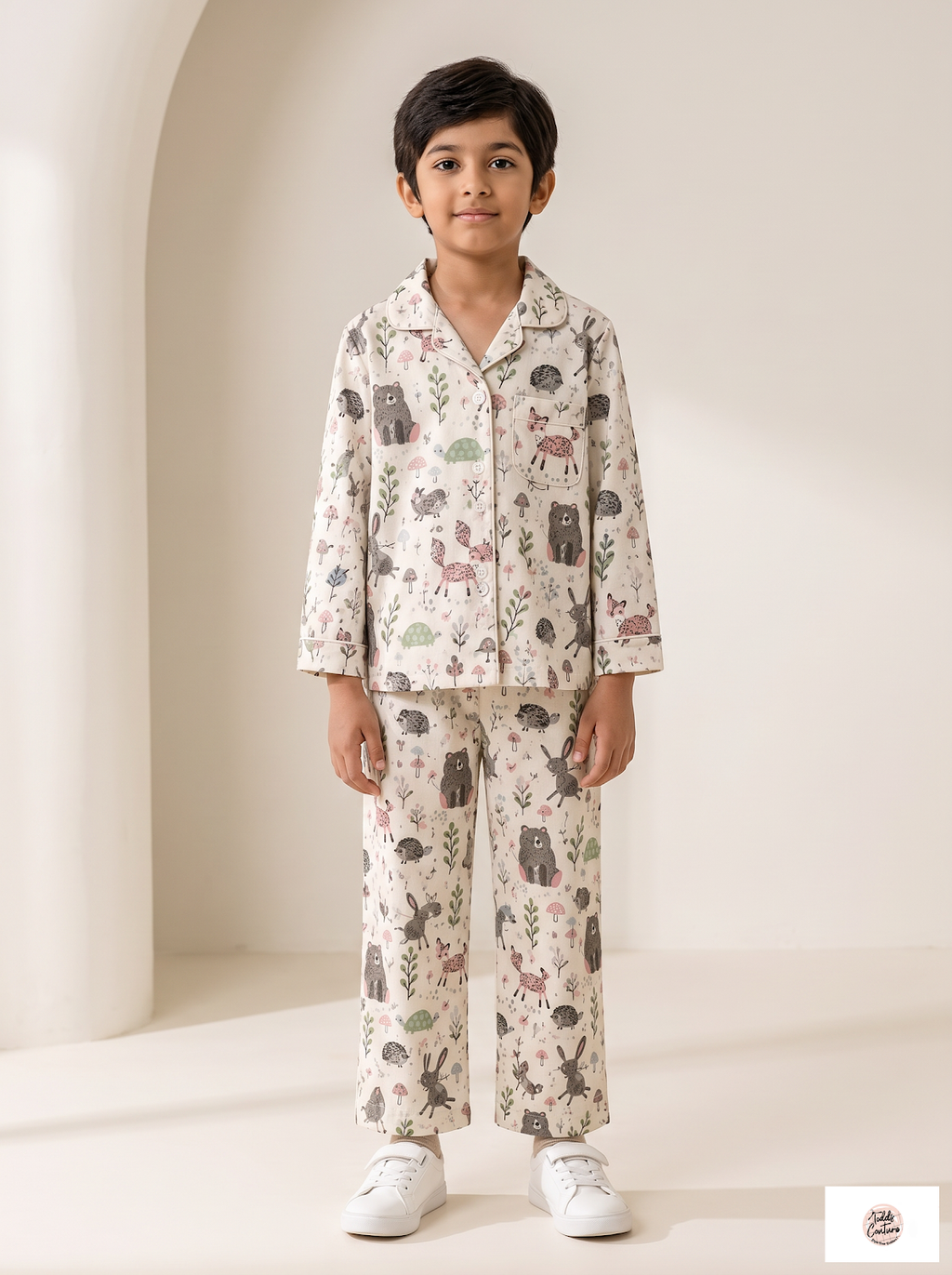 Forest Friends night suit worn by a child, front view