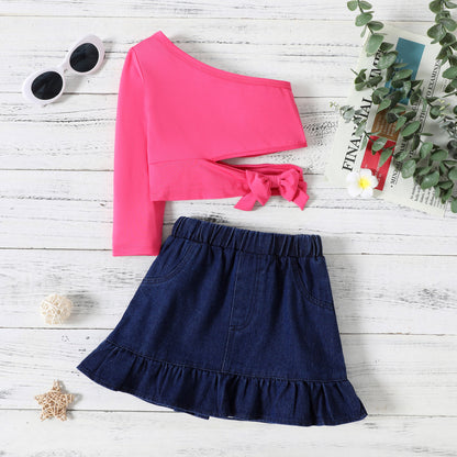 Pink Tee and Denim Skirt Set