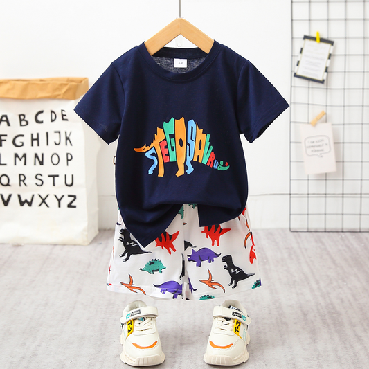 Playful Dinosaur Print Short-sleeve Tee and Shorts Set