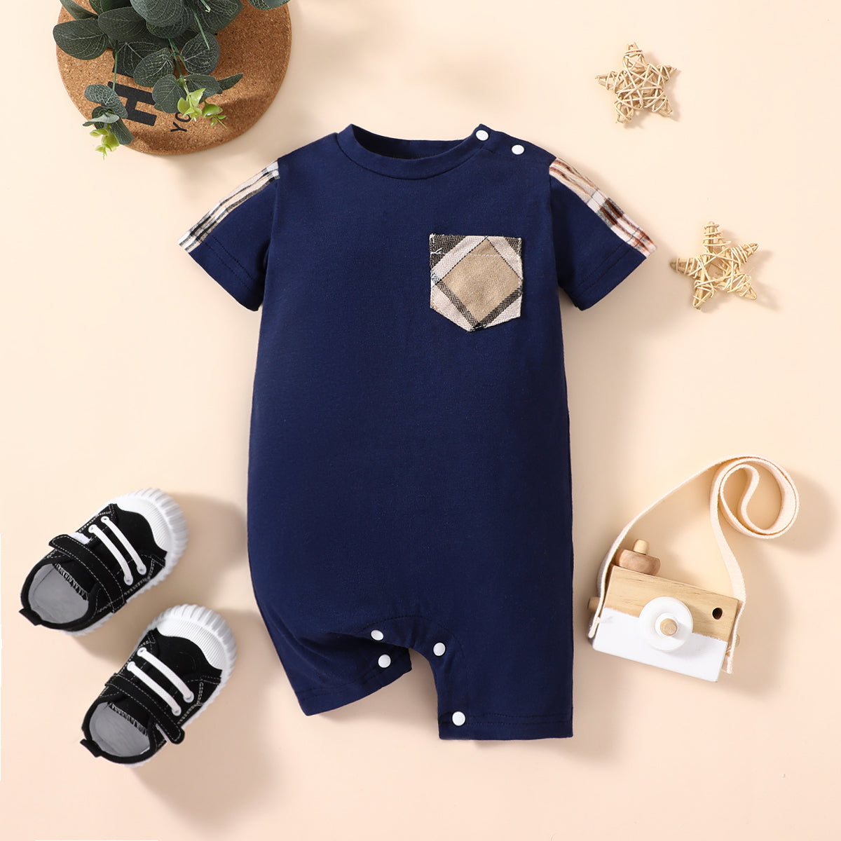 Baby Boy 95% Cotton Plaid Spliced Short-sleeve Romper