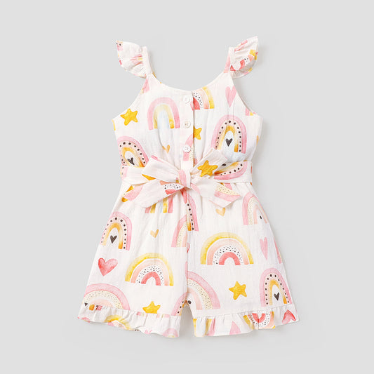 Rainbow Print Button Design Belted Sleeveless Rompers