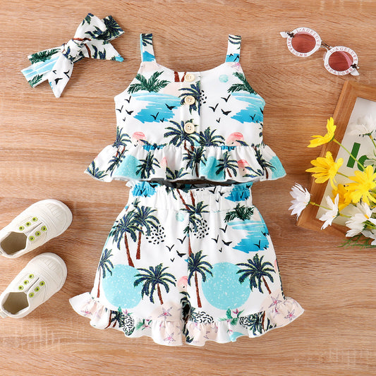 Coconut Tree Print Ruffled Tank Top and Shorts & Headband Set