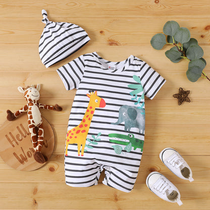 Animal Print Striped Short-sleeve Romper & Hat Set