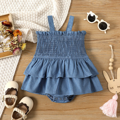 Denim Shirred Layered Strap Dress