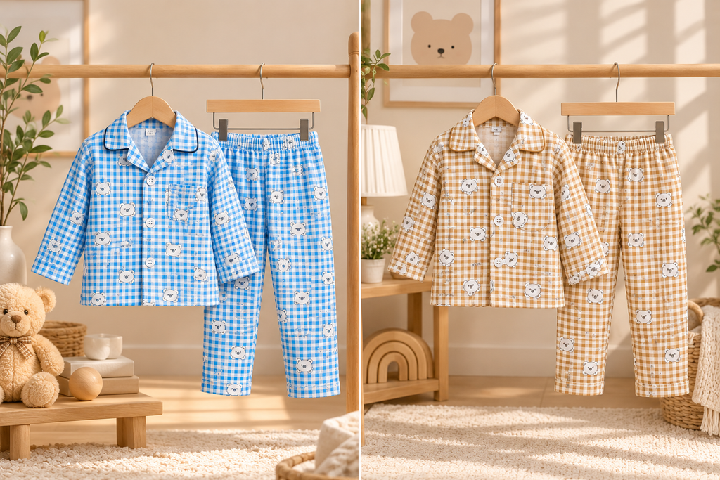 Kids’ Gingham Bear Night Suit Set – Cozy Nights, Happy Dreams