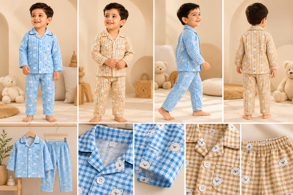 Kids’ Gingham Bear Night Suit Set – Cozy Nights, Happy Dreams