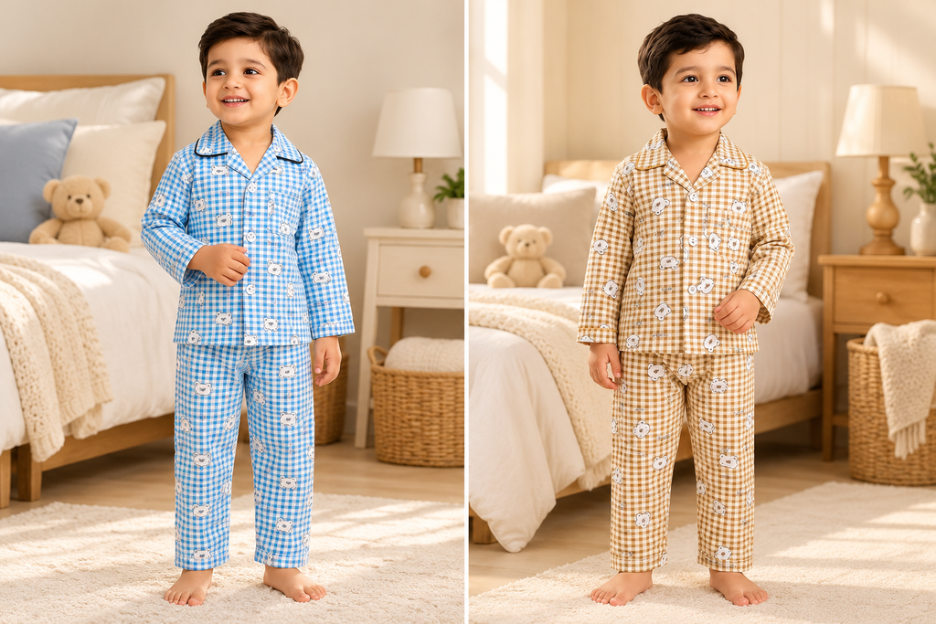 Kids’ Gingham Bear Night Suit Set – Cozy Nights, Happy Dreams