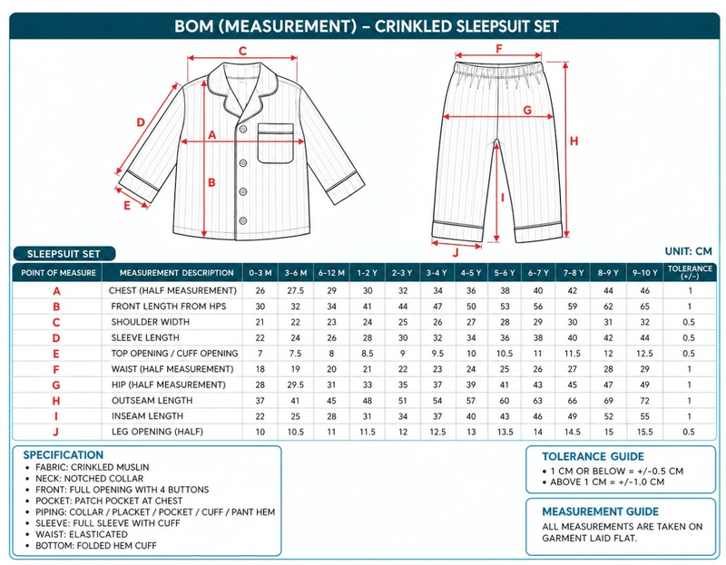 Size chart for Croissant Organic Muslin