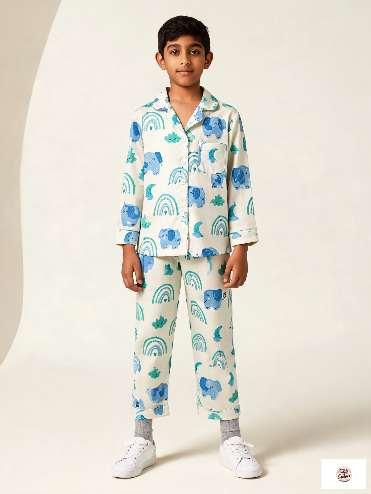 Dreamy Elephants night suit worn by a child, front view