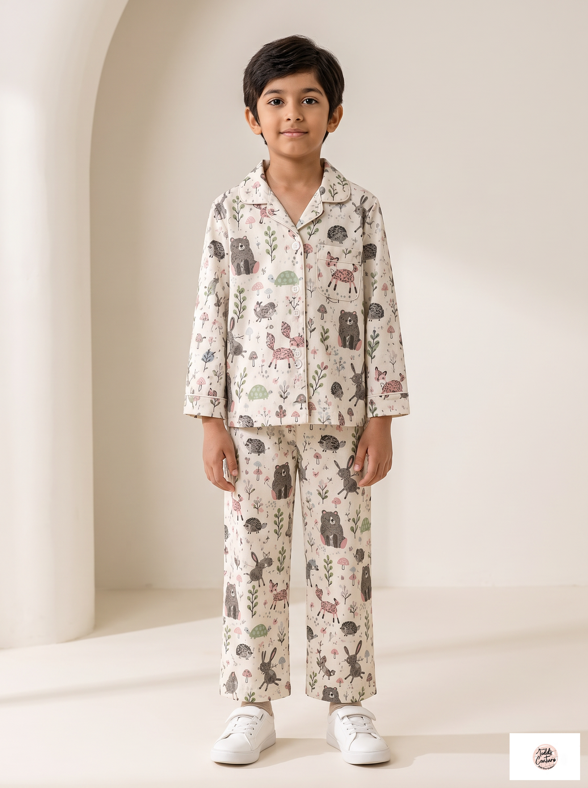 Forest Friends night suit worn by a child, front view